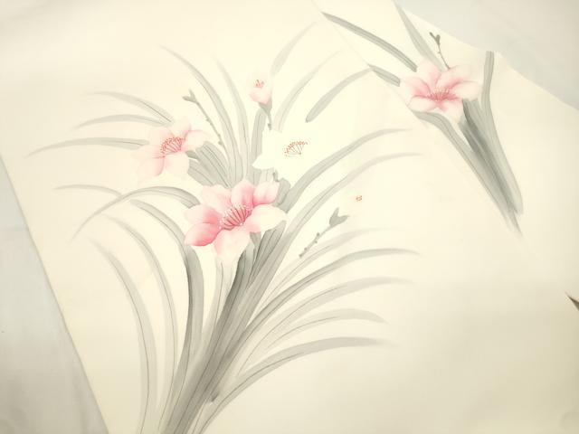 平和屋着物●塩瀬 九寸名古屋帯 手描き 草花文 正絹 逸品 CABJ9500dy