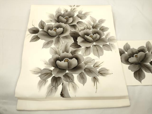 平和屋着物●塩瀬 九寸名古屋帯 手描き 草花文 正絹 逸品 CABJ9503dy