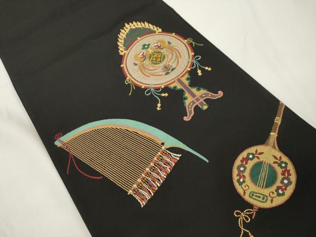平和屋着物●西陣 鷹匠謹製 六通柄袋帯 楽器文 黒地 金糸 正絹 逸品 CABJ9513dy