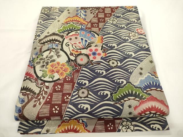 平和屋着物●金城紅型染工房 金城盛弘 本場琉球紅型 全通柄袋帯 立波花蝶丸文 金糸 正絹 逸品 CABJ9542dy