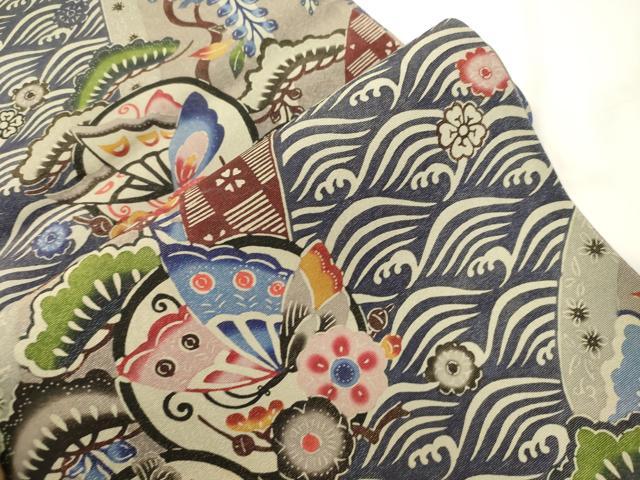 平和屋着物●金城紅型染工房 金城盛弘 本場琉球紅型 全通柄袋帯 立波花蝶丸文 金糸 正絹 逸品 CABJ9542dy