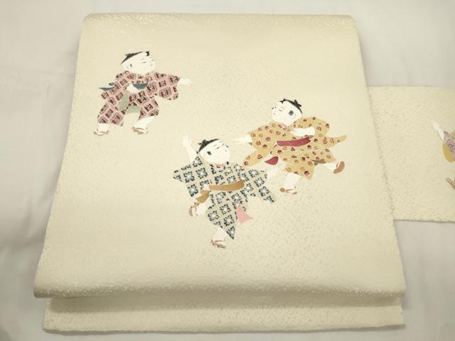 平和屋着物●九寸名古屋帯 童子遊び 銀通し地 正絹 逸品 CABJ9562dy