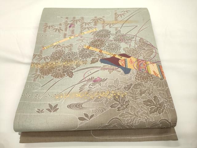 平和屋着物●太鼓柄袋帯 紬地 刺繍 切嵌 横笛 草花文 金彩 正絹 逸品 CABJ9583dy