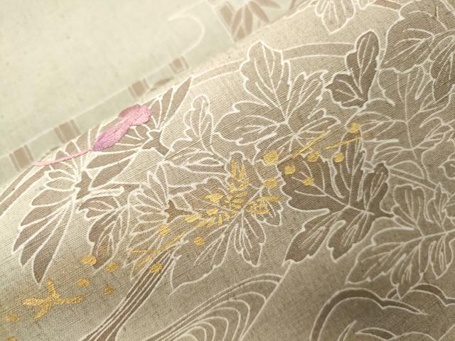 平和屋着物●太鼓柄袋帯 紬地 刺繍 切嵌 横笛 草花文 金彩 正絹 逸品 CABJ9583dy