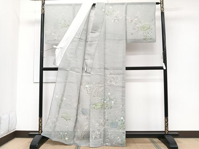 平和屋着物*夏物 訪問着 文箱草花文 銀彩 正絹 逸品 CABJ9696xi