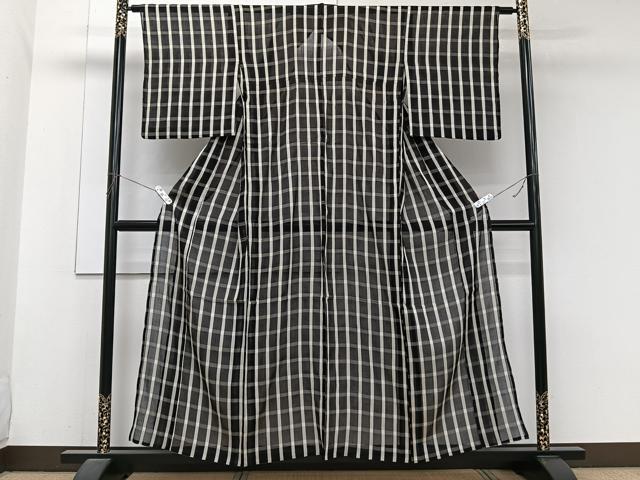 平和屋着物*夏物 お召 紗 格子柄 黒地 正絹 逸品 CABJ9714xi