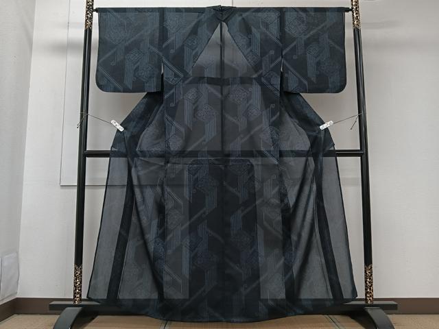 平和屋着物*夏物 小紋 紗 菱吉祥文 黒地 洗える着物 CABJ9753xi