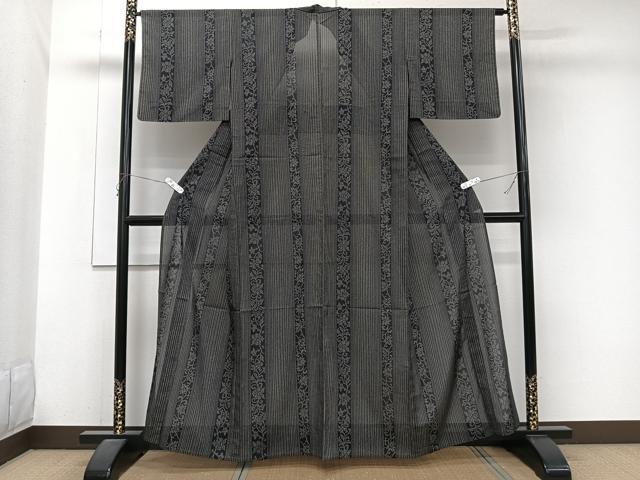 平和屋着物*夏物 小紋 紗 間道更紗花文 黒地 洗える着物 CABJ9759xi