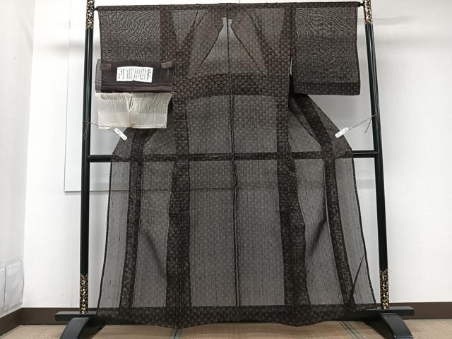 平和屋着物*夏物 絹芭蕉 天然繭 手紡ぎ 変わり格子 証紙付き 正絹 逸品 CABJ9767xi