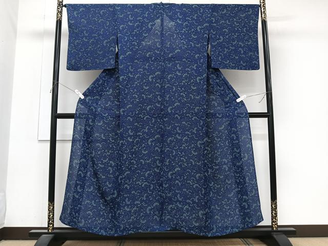 平和屋着物*夏物 小紋 絽 藍 型染め 花蝶文 正絹 逸品 CABJ9782xi