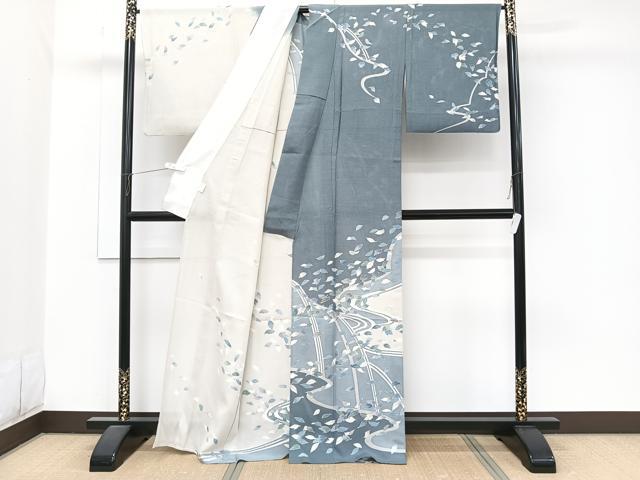 平和屋着物*夏物 訪問着 絽 駒刺繍 流水舞葉文 銀彩 正絹 逸品 CABJ9786xi