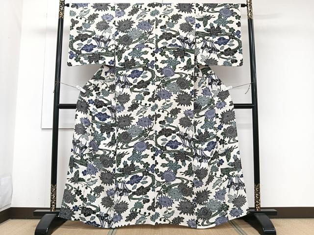 平和屋着物*夏物 小紋 絽 型染め 流水花蝶文 正絹 逸品 CABJ9791xi