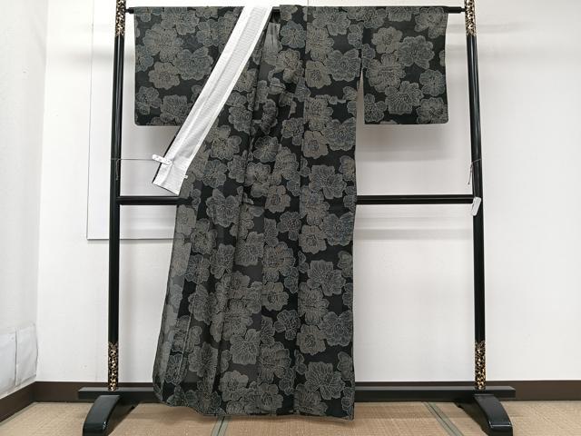 平和屋着物*夏物 小紋 紗 舞花文 黒地 洗える着物 CABJ9883xi