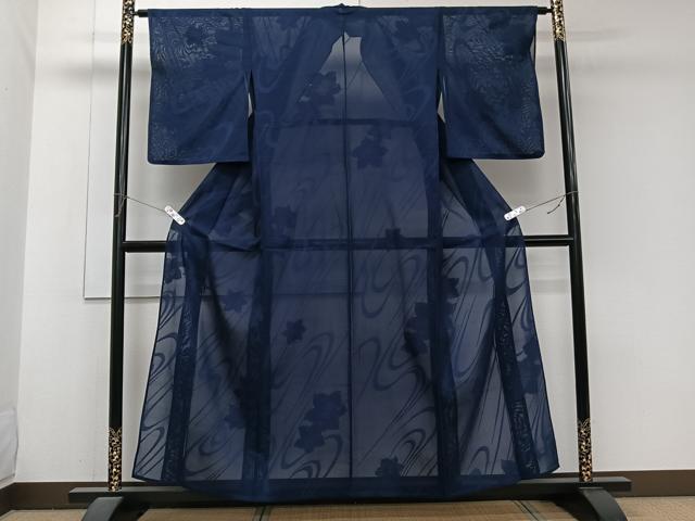 平和屋着物*夏物 色無地 流水花紋紗 濃紺色 正絹 逸品 CABJ9900xi