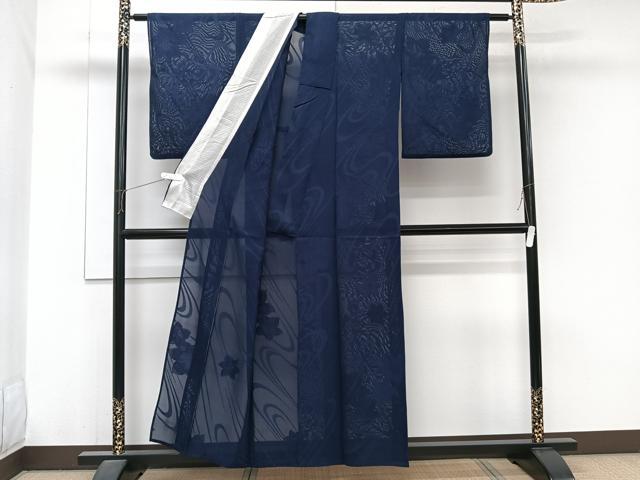 平和屋着物*夏物 色無地 流水花紋紗 濃紺色 正絹 逸品 CABJ9900xi