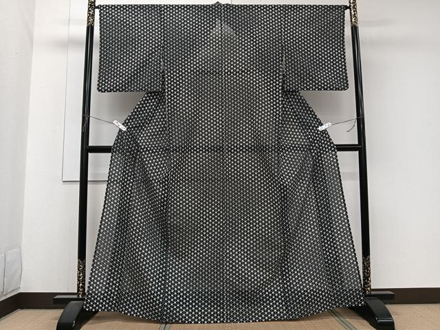 平和屋着物*夏物 小紋 絽 花菱文 黒地 洗える着物 CABJ9943xi