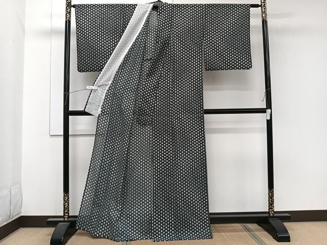 平和屋着物*夏物 小紋 絽 花菱文 黒地 洗える着物 CABJ9943xi