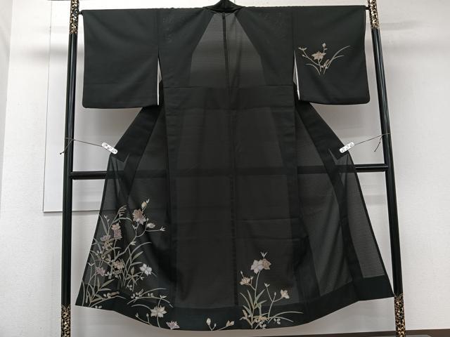 平和屋着物*夏物 訪問着 絽縮緬 枝草花文 黒地 金彩 洗える着物 CABJ9955xi
