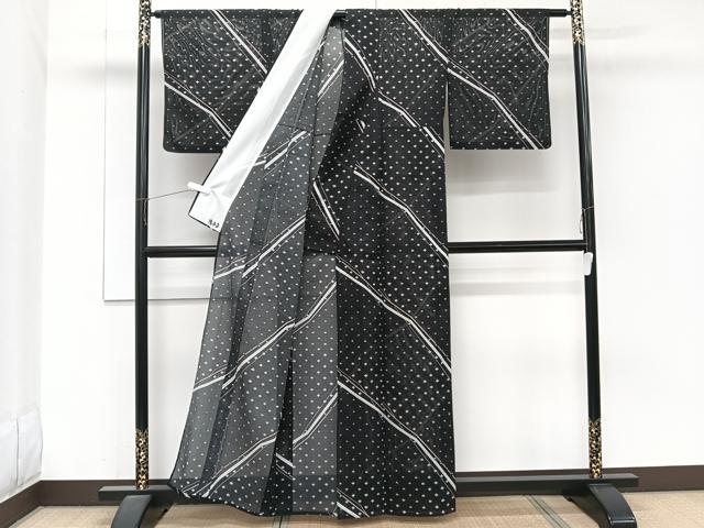 平和屋着物*夏物 小紋 絽 花文様 黒地 洗える着物 CABJ9970xi
