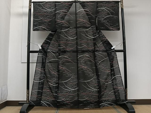 平和屋着物*夏物 小紋 絽 舞芝文 黒地 洗える着物 CABJ9982xi