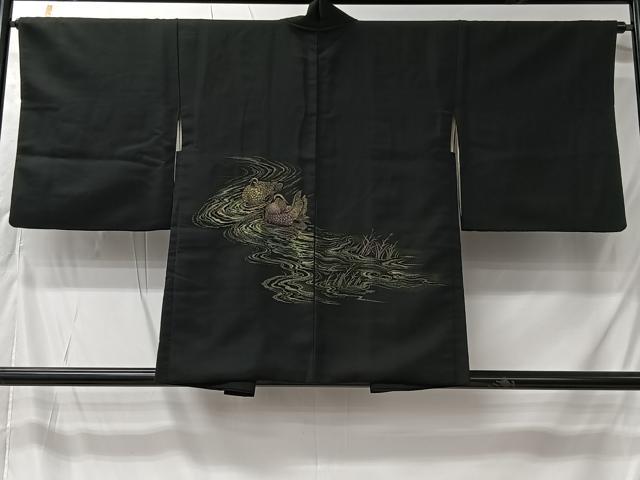 平和屋着物#羽織 寿光織 流水鴛鴦文 黒地 金糸 正絹 逸品 CABK0033ua