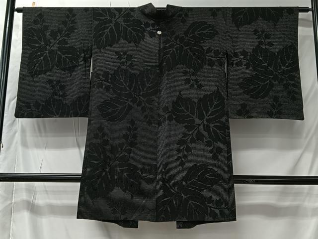 平和屋着物#長羽織 単衣 寿光織 蔦の葉文 黒地 銀糸 正絹 逸品 CABK0036ua