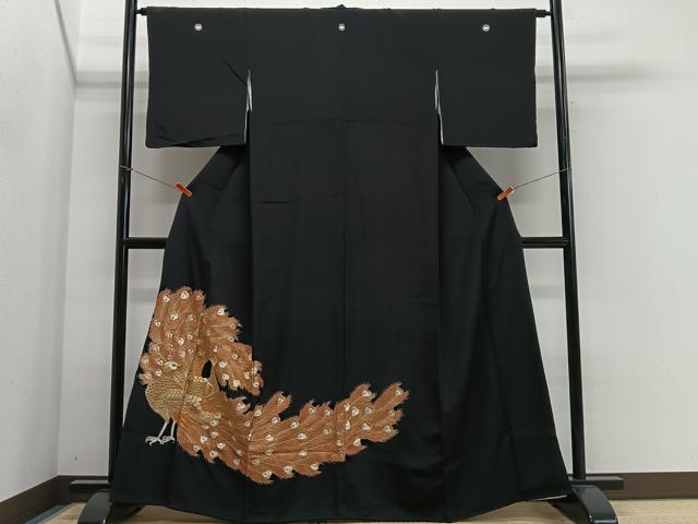 平和屋着物■豪華黒留袖 刺繍 孔雀文 金銀糸 正絹 逸品 CABK0077ua