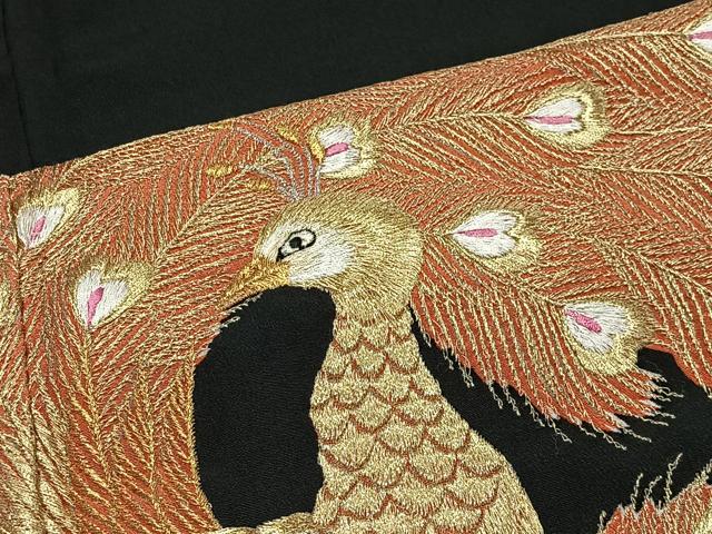 平和屋着物■豪華黒留袖 刺繍 孔雀文 金銀糸 正絹 逸品 CABK0077ua