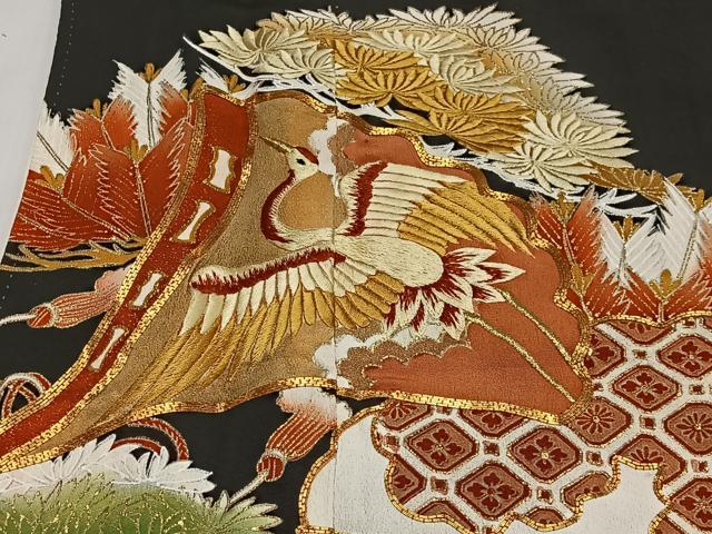 平和屋着物■豪華黒留袖 駒刺繍 扇面飛鶴花文 金彩 正絹 逸品 CABK0078ua
