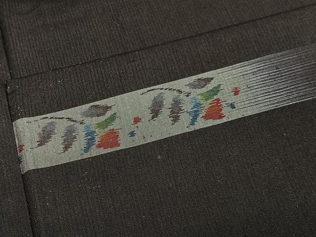 平和屋着物■上質な紬 横段草花文 黒地 正絹 逸品 CABK0082ua