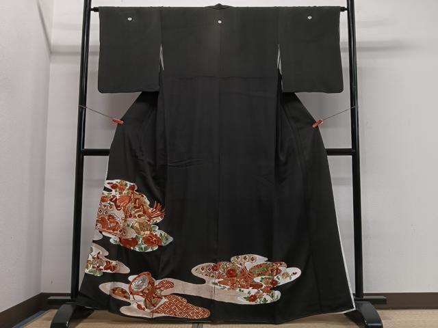 平和屋着物■豪華黒留袖 総刺繍 扇面花鳥文 金銀糸 正絹 逸品 CABK0086ua