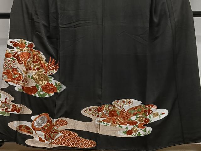 平和屋着物■豪華黒留袖 総刺繍 扇面花鳥文 金銀糸 正絹 逸品 CABK0086ua