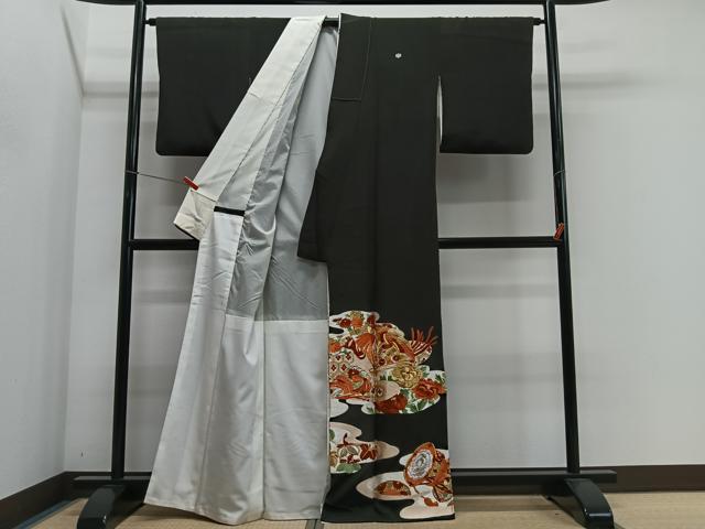 平和屋着物■豪華黒留袖 総刺繍 扇面花鳥文 金銀糸 正絹 逸品 CABK0086ua