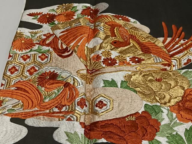 平和屋着物■豪華黒留袖 総刺繍 扇面花鳥文 金銀糸 正絹 逸品 CABK0086ua