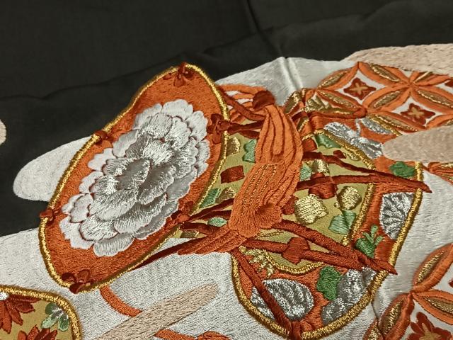 平和屋着物■豪華黒留袖 総刺繍 扇面花鳥文 金銀糸 正絹 逸品 CABK0086ua