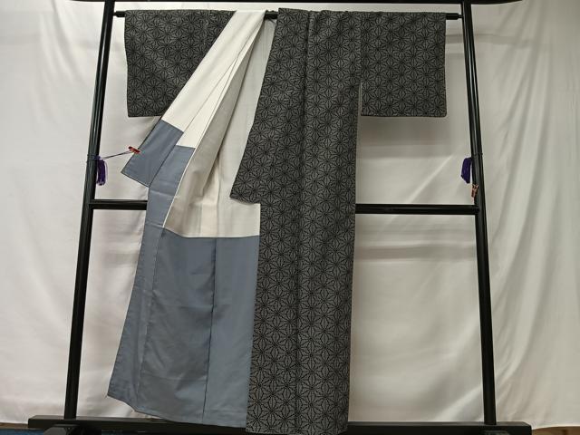 平和屋着物■上質な紬 麻の葉文様 黒地 正絹 逸品 未使用 CABK0116ua
