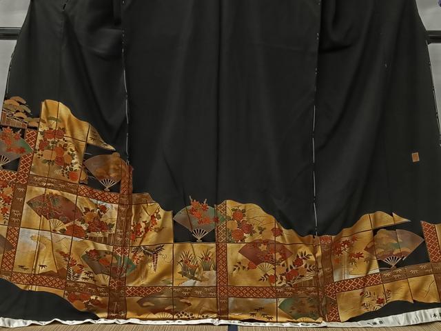 平和屋着物■豪華黒留袖 作家物 本漆箔 格子扇面草花文 金彩 上代 35万 仮絵羽 正絹 逸品 未使用 CABK0126ua