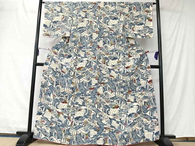 平和屋着物■上質な小紋 型染め 扇面御所車花文 正絹 逸品 未使用 CABK0166ua