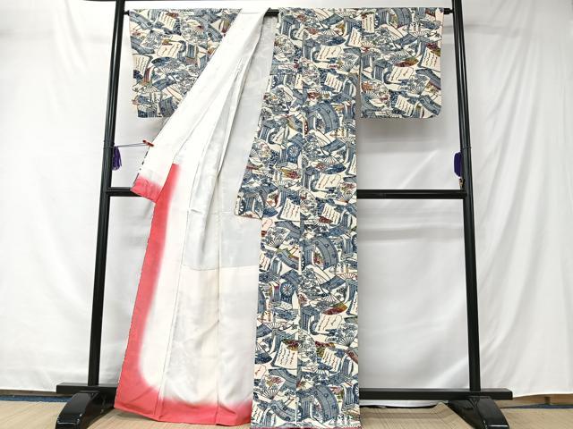 平和屋着物■上質な小紋 型染め 扇面御所車花文 正絹 逸品 未使用 CABK0166ua