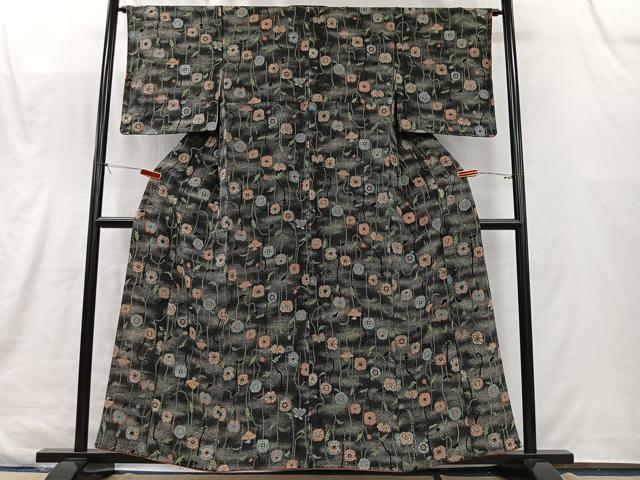 平和屋着物■上質な小紋 草花文 黒地 正絹 逸品 CABK0199ua