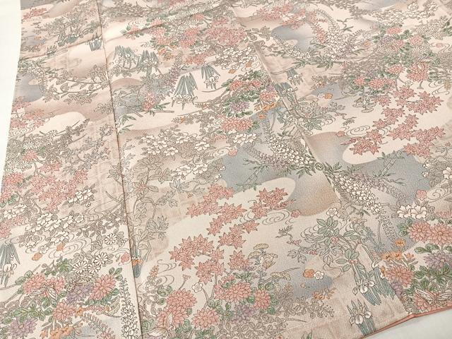 平和屋着物■上質な小紋 流水花蝶文 鬼しぼ縮緬 正絹 逸品 未使用 CABK0269ua