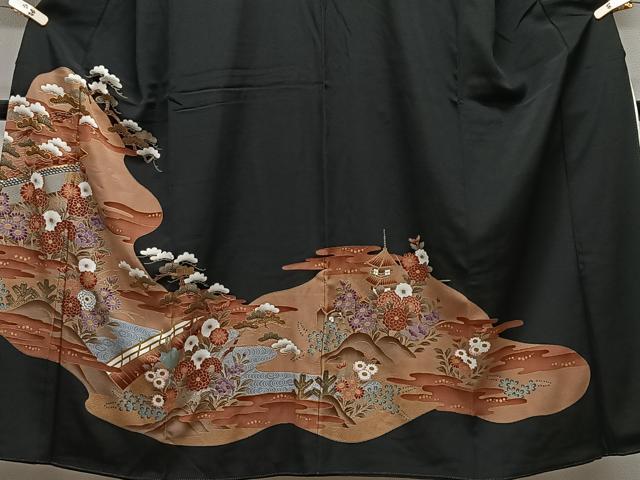 平和屋着物■豪華黒留袖 駒刺繍 エ霞風景草花文 金彩 正絹 逸品 CABK0318ua