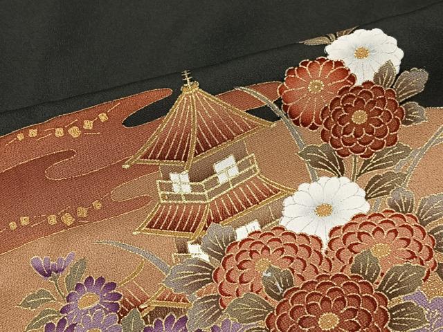 平和屋着物■豪華黒留袖 駒刺繍 エ霞風景草花文 金彩 正絹 逸品 CABK0318ua