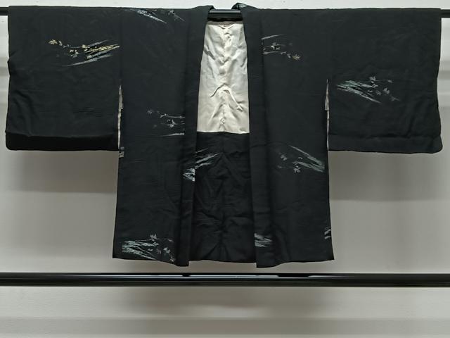 平和屋着物#羽織 寿光織 草葉文 黒地 金銀糸 正絹 逸品 CABK0391ua