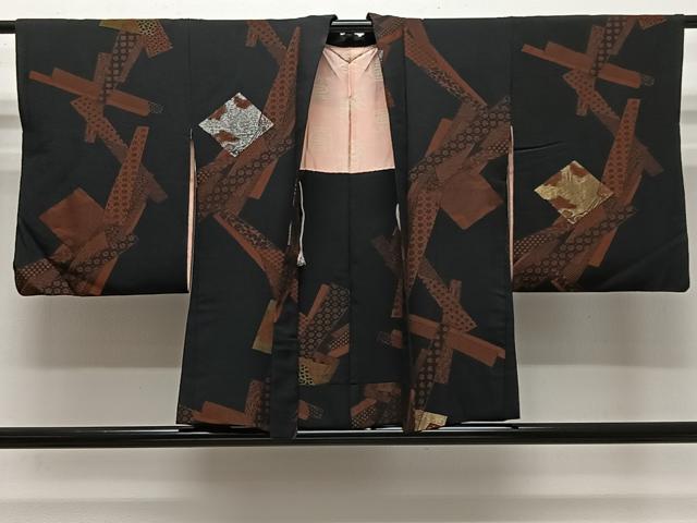 平和屋着物#羽織 寿光織 色紙花文 黒地 金銀糸 正絹 逸品 CABK0398ua