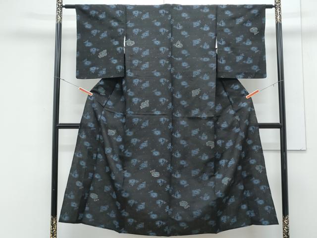 平和屋着物*夏物 紗紬 草花文 黒地 金彩 正絹 逸品 CABK0419th