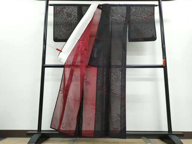 平和屋着物*夏物 小紋 紗 草葉文 黒地 正絹 逸品 CABK0469th