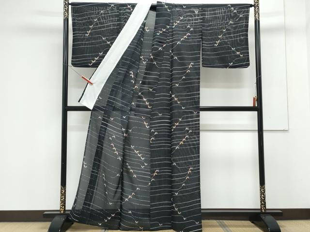 平和屋着物*夏物 小紋 絽 舞蝶文 黒地 洗える着物 CABK0488th