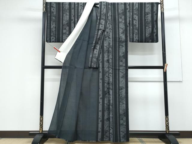 平和屋着物*夏物 小紋 紗 草花間道 黒地 洗える着物 CABK0504th