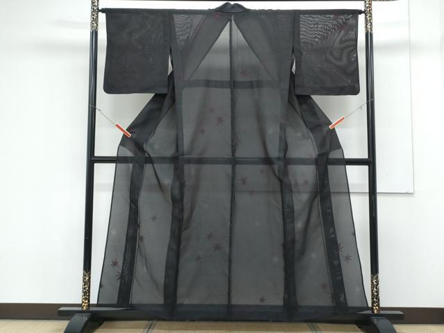 平和屋着物*夏物 小紋 縦絽 楓文 黒地 正絹 逸品 CABK0511th